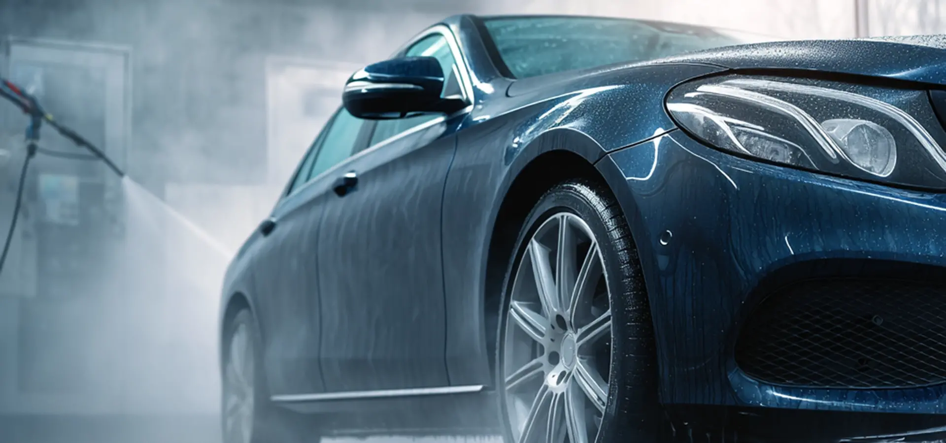 Realistic photo of a dark-blue car being cleaned with a high-pressure washer at a modern self-service car wash station, wet concrete floor and blurred neutral background.